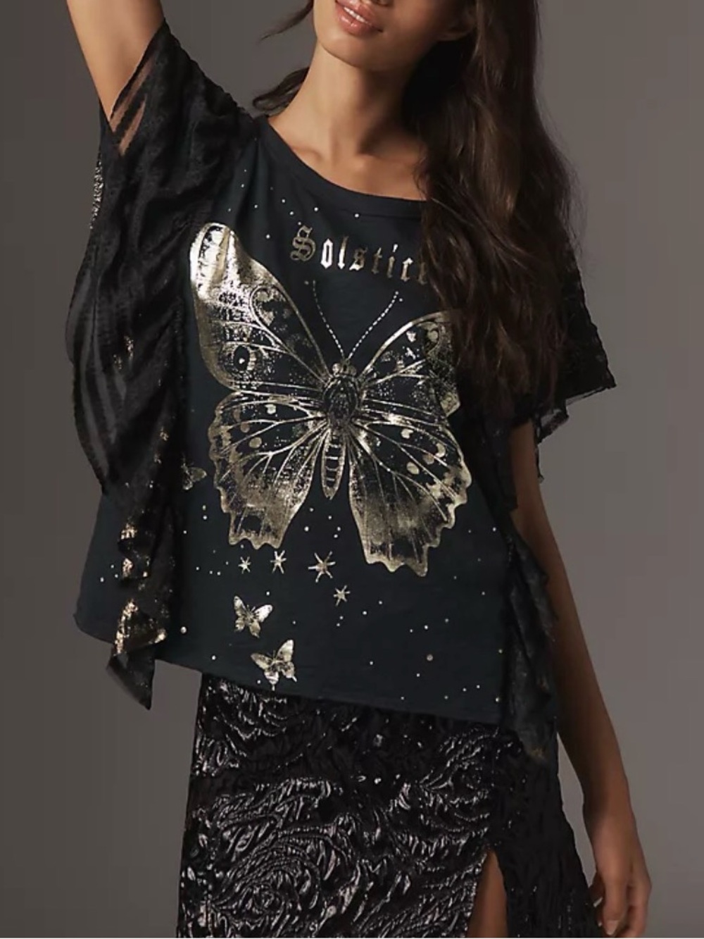 Anthropologie Pilcro Golden Hour Black Gold Butterfly Graphic Lace Ruffle Tee XS